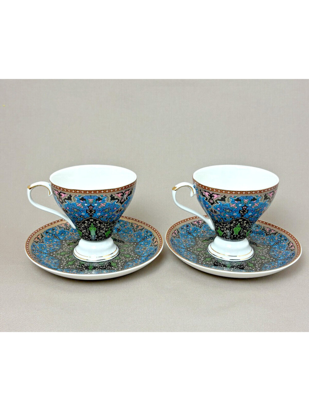 Grace Teaware Espresso Cup Saucer Set 2 Pedestal Damask Blue Black Gold Demitass